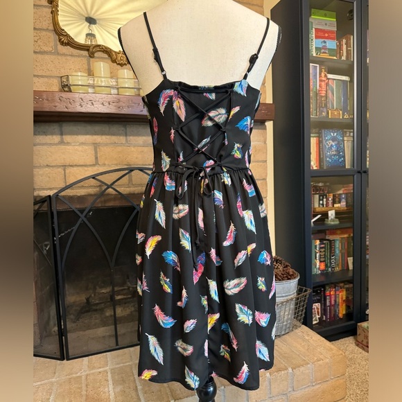 XHILARATION Black Feather Spaghetti Strap Corset Lacing Mini Sun Dress - Medium - Picture 3 of 11